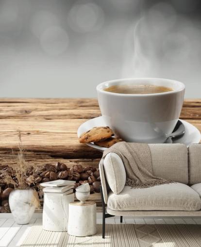 Carta da parati con biscotti al caffè caldo e chicchi di caffè versato Carta da parati con biscotti al caffè caldo e chicchi di caffè versato