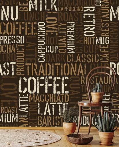 Brown and White Coffee Names Montage Wallpaper