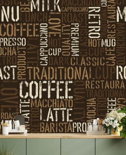 Brown and White Coffee Names Montage Wallpaper