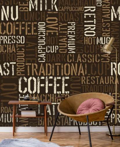 Carta da parati per montaggio di nomi di caffè marrone e bianco