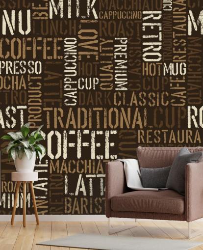 Brown and White Coffee Names Montage Wallpaper