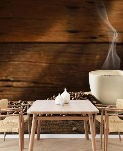 Hot Cup of Coffee and Spilled Coffee Beans Wallpaper