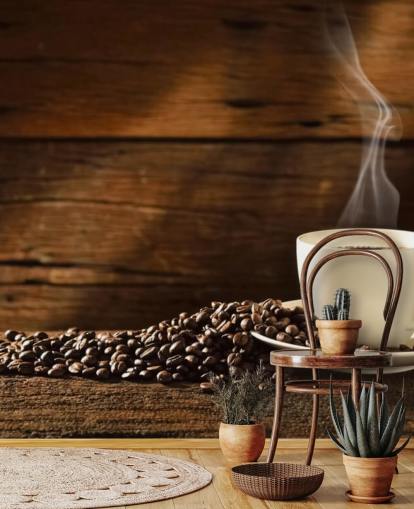 Carta da parati con tazza di caffè caldo e chicchi di caffè versato