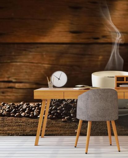 Hot Cup of Coffee and Spilled Coffee Beans Wallpaper