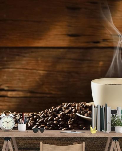 Hot Cup of Coffee and Spilled Coffee Beans Wallpaper Hot Cup of Coffee and Spilled Coffee Beans Wallpaper