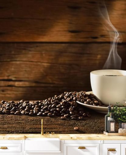 Hot Cup of Coffee and Spilled Coffee Beans Wallpaper