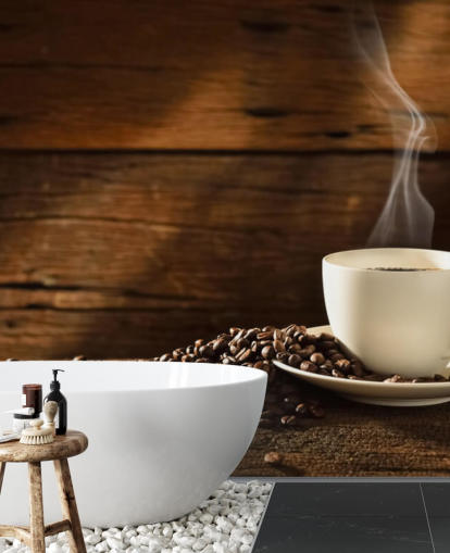 Varm kopp kaffe og sølt kaffebønner Bakgrunn