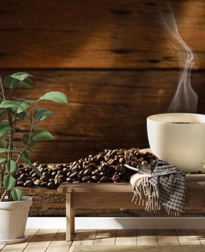 Hot Cup of Coffee and Spilled Coffee Beans Wallpaper