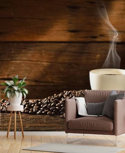 Hot Cup of Coffee and Spilled Coffee Beans Wallpaper