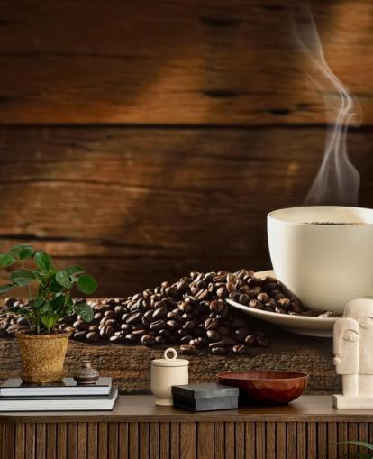 Hot Cup of Coffee and Spilled Coffee Beans Wallpaper