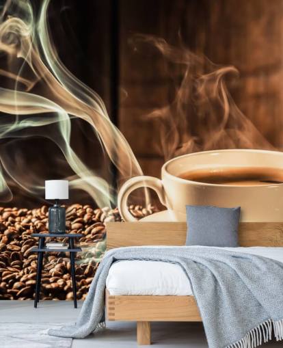 Stomende koffiekop met koffiebonen muurschildering