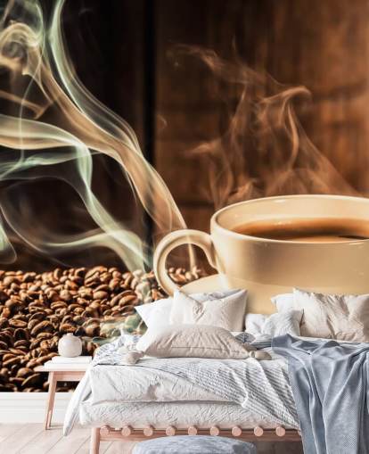 Dampende kaffekop med kaffebønner vægmaleri Dampende kaffekop med kaffebønner vægmaleri