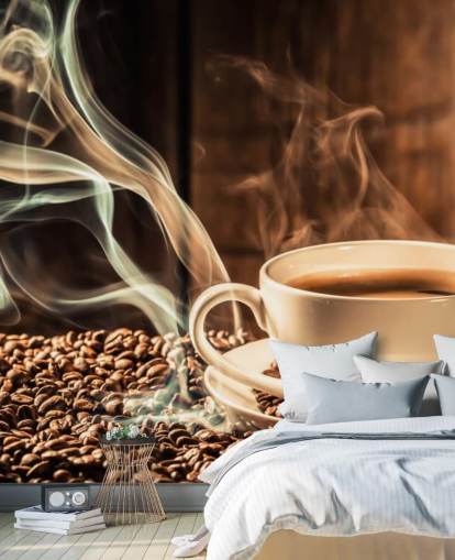 Dampende kaffekop med kaffebønner vægmaleri Dampende kaffekop med kaffebønner vægmaleri