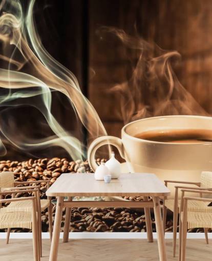 Dampende kaffekop med kaffebønner vægmaleri