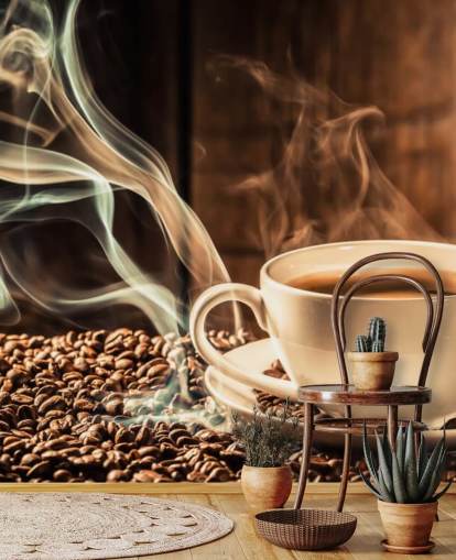 Steamy Coffee Cup with Coffee Beans Wall Mural