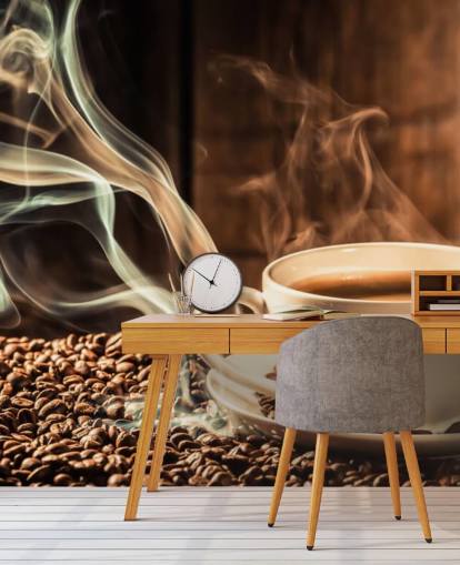 Steamy Coffee Cup with Coffee Beans Wall Mural Steamy Coffee Cup with Coffee Beans Wall Mural