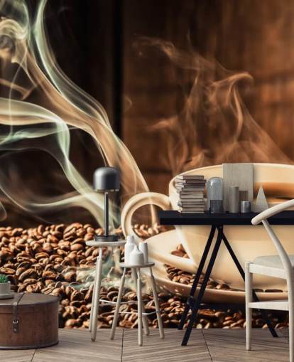 Steamy Coffee Cup with Coffee Beans Wall Mural