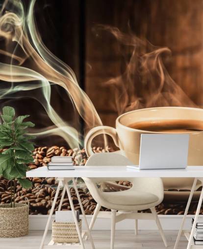 Mural de pared Taza de café humeante con granos de café