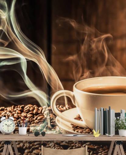 Steamy Coffee Cup with Coffee Beans Wall Mural Steamy Coffee Cup with Coffee Beans Wall Mural