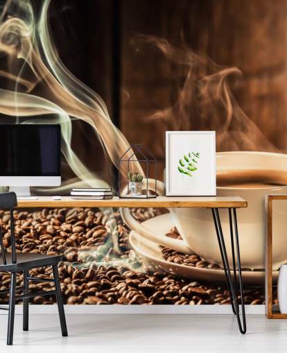 Steamy Coffee Cup with Coffee Beans Wall Mural Steamy Coffee Cup with Coffee Beans Wall Mural