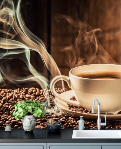 Steamy Coffee Cup with Coffee Beans Wall Mural Steamy Coffee Cup with Coffee Beans Wall Mural