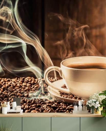 Steamy Coffee Cup with Coffee Beans Wall Mural