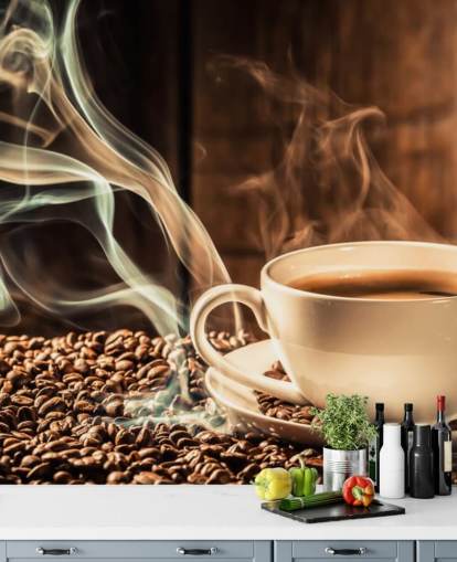 Steamy Coffee Cup with Coffee Beans Wall Mural