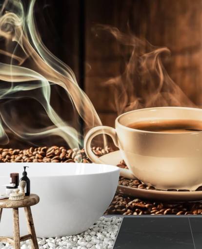 Mural de pared Taza de café humeante con granos de café