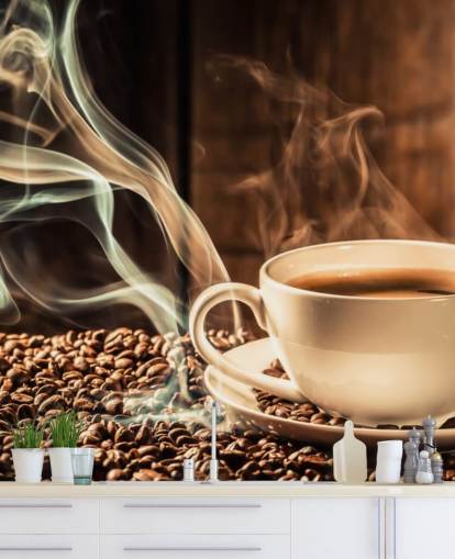 Steamy Coffee Cup with Coffee Beans Wall Mural