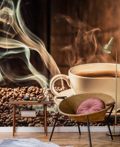 Dampfende Kaffeetasse mit Kaffeebohnen Wandgemälde Dampfende Kaffeetasse mit Kaffeebohnen Wandgemälde