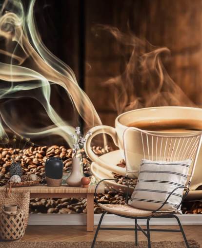 Steamy Coffee Cup with Coffee Beans Wall Mural