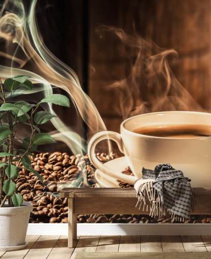 Steamy Coffee Cup with Coffee Beans Wall Mural