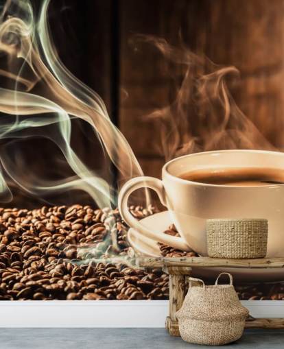 Dampfende Kaffeetasse mit Kaffeebohnen Wandgemälde Dampfende Kaffeetasse mit Kaffeebohnen Wandgemälde