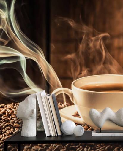 Dampende kaffekop med kaffebønner vægmaleri Dampende kaffekop med kaffebønner vægmaleri