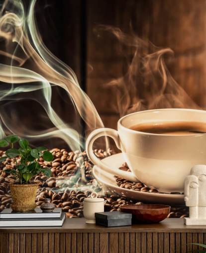 Steamy Coffee Cup with Coffee Beans Wall Mural Steamy Coffee Cup with Coffee Beans Wall Mural