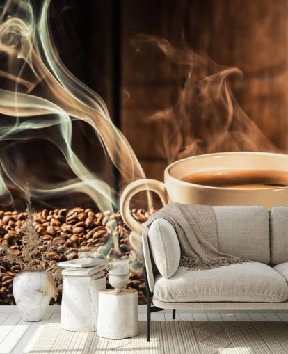 Steamy Coffee Cup with Coffee Beans Wall Mural Steamy Coffee Cup with Coffee Beans Wall Mural