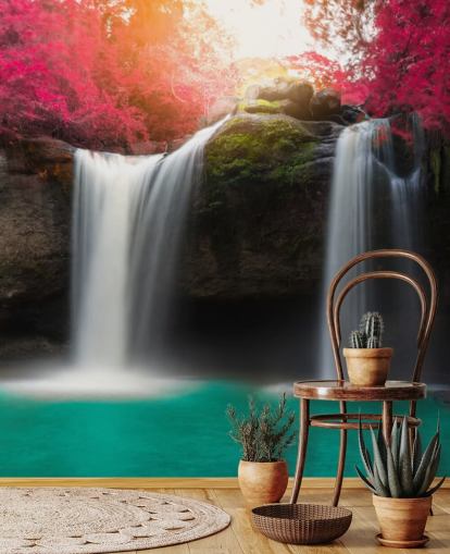 Turquoise Waters Waterfall and Pink Blossom Wall Mural