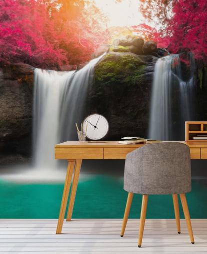 Turquoise Waters Waterfall and Pink Blossom Wall Mural