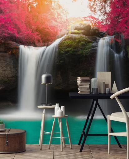 Turquoise Waters Waterfall and Pink Blossom Wall Mural Turquoise Waters Waterfall and Pink Blossom Wall Mural