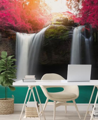 Turquoise Waters Waterfall and Pink Blossom Wall Mural Turquoise Waters Waterfall and Pink Blossom Wall Mural