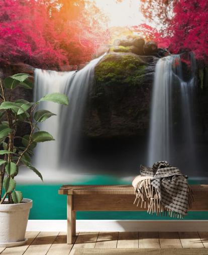Decorazione murale con cascata di acque turchesi e fiori rosa Decorazione murale con cascata di acque turchesi e fiori rosa