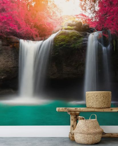 Turquoise Waters Waterval en Pink Blossom Muurschildering
