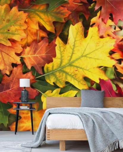 green and orange customisable leaf wallpaper mural called Colourful Autumn Oak Leaves