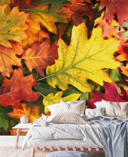 green and orange customizable leaf wallpaper mural called Colorful Autumn Oak Leaves green and orange customizable leaf wallpaper mural called Colorful Autumn Oak Leaves