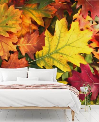 mural de papel pintado con hojas personalizables de color verde y naranja llamado Colourful Autumn Oak Leaves mural de papel pintado con hojas personalizables de color verde y naranja llamado Colourful Autumn Oak Leaves