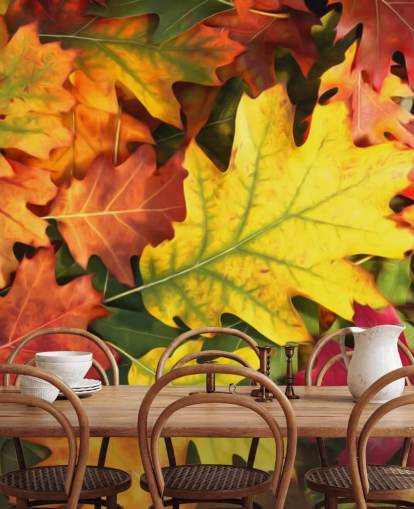 green and orange customizable leaf wallpaper mural called Colorful Autumn Oak Leaves