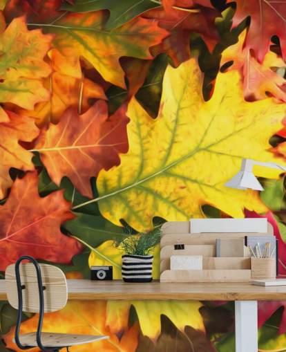 green and orange customizable leaf wallpaper mural called Colorful Autumn Oak Leaves green and orange customizable leaf wallpaper mural called Colorful Autumn Oak Leaves