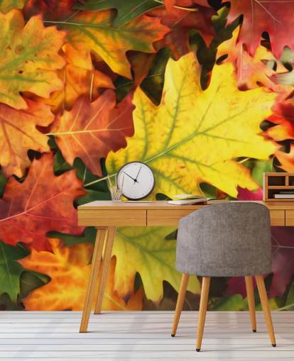 Wandtapete mit Blättern in Grün und Orange, personalisierbar, mit dem Titel „Farbenfrohe Eichenblätter im Herbst“