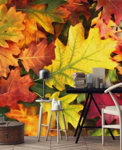 mural de papel pintado con hojas personalizables de color verde y naranja llamado Colourful Autumn Oak Leaves