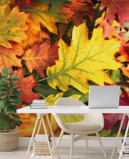 mural de papel pintado con hojas personalizables de color verde y naranja llamado Colourful Autumn Oak Leaves mural de papel pintado con hojas personalizables de color verde y naranja llamado Colourful Autumn Oak Leaves
